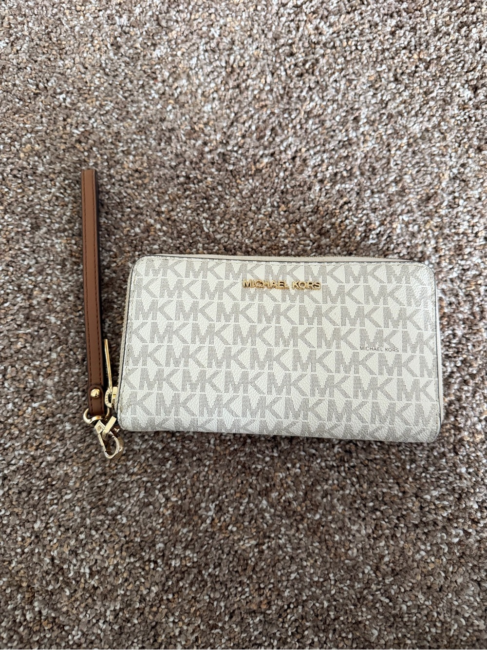 Michael Kors Cream and Brown Signature Logo Wristlet Wallet